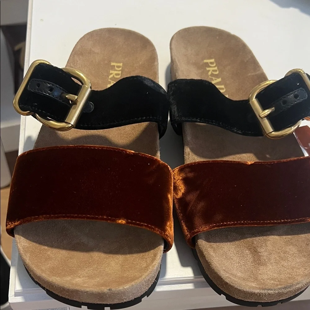 Prada Velvet Slide Sandals - Black and Brown-10/ 41.5